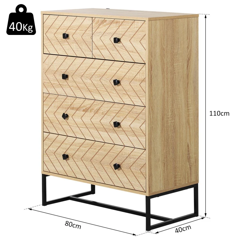 HOMCOM Meuble de rangement commode style graphique 80L x 40l x 110H cm 5 tiroirs métal noir panneaux particules MDF imitation bois clair