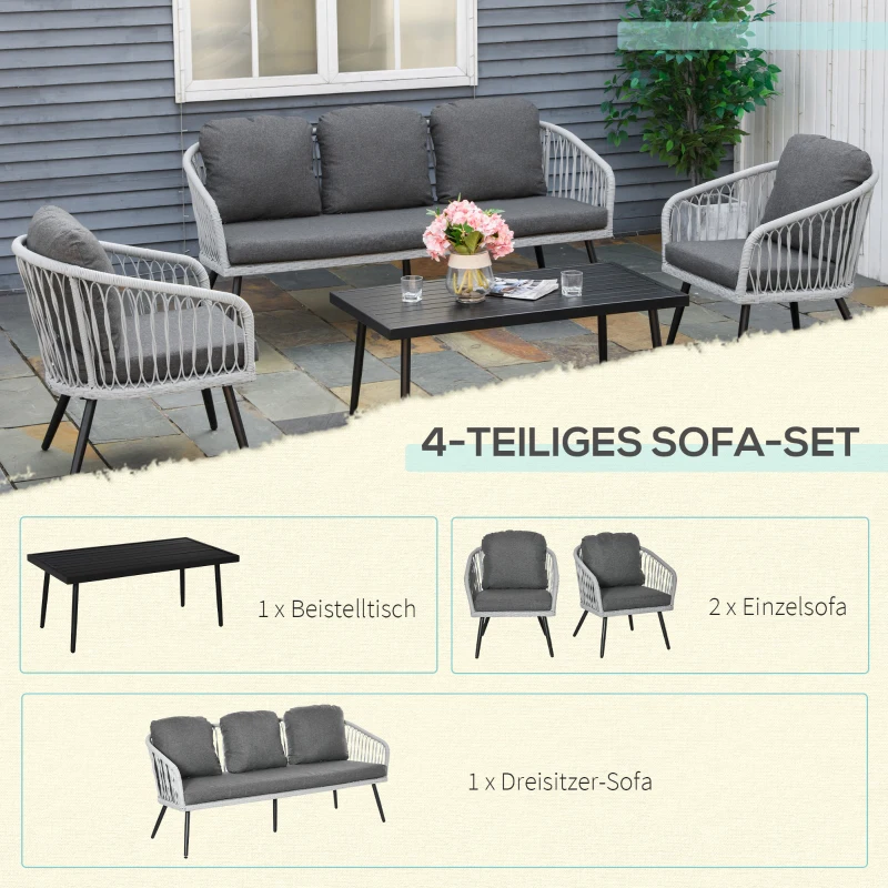 Outsunny Polyrattan Gartenmöbel Set für 5 Personen Sitzgruppe mit Kissen Alu Grau