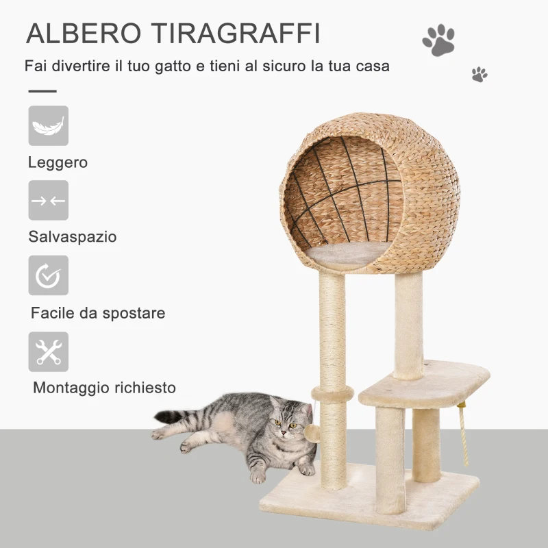 PawHut Albero Tiragraffi per Gatti fino a 5kg con Cuccia e Rivestimento in Peluche 48x40x100cm Beige