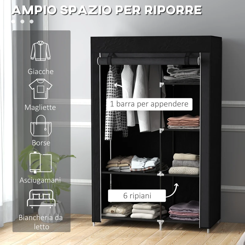 HOMCOM Armadio Guardaroba Portatile in Tessuto con 6 Ripiani Aperti e un Appendino, 103x43x162.5 cm, Nero
