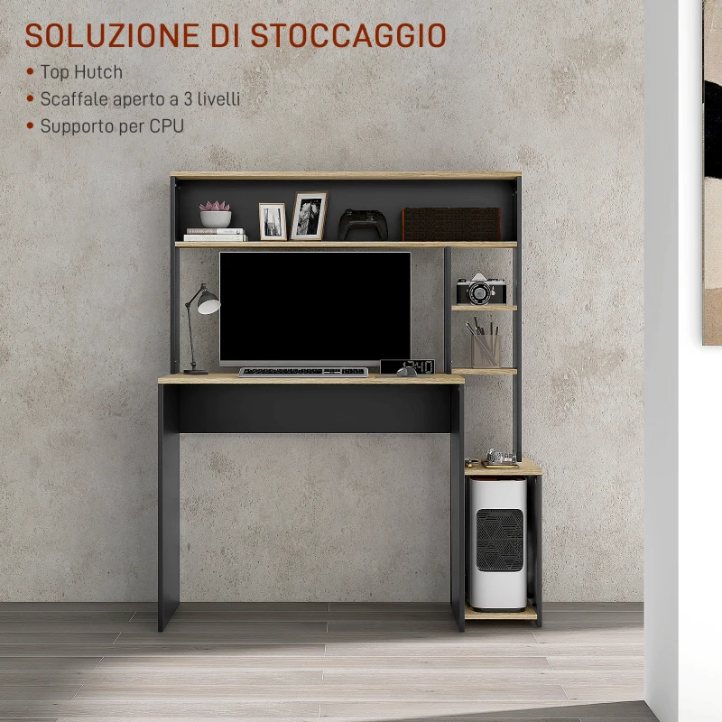 HOMCOM Scrivania Moderna con Ripiani e Supporto per CPU in Legno, 114x45x138cm, Grigio e Legno Naturale