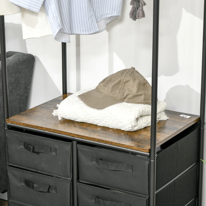 HOMCOM Perchero para Ropa con Ruedas 6 Cajones de Tela Barra para Colgar para Pasillo Dormitorio 63,5x40x172,5cm Marrón Rústico