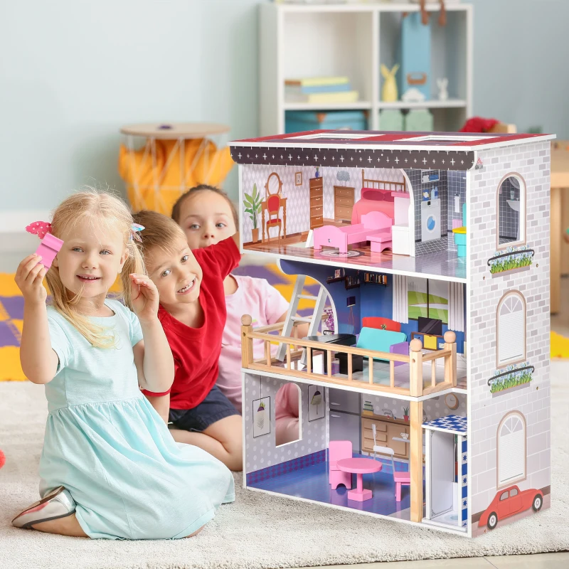 HOMCOM Casa delle Bambole in Legno a 3 Piani con Ascensore e Accessori, per Bambini 3-6 Anni, 60x30x80 cm, Rosa