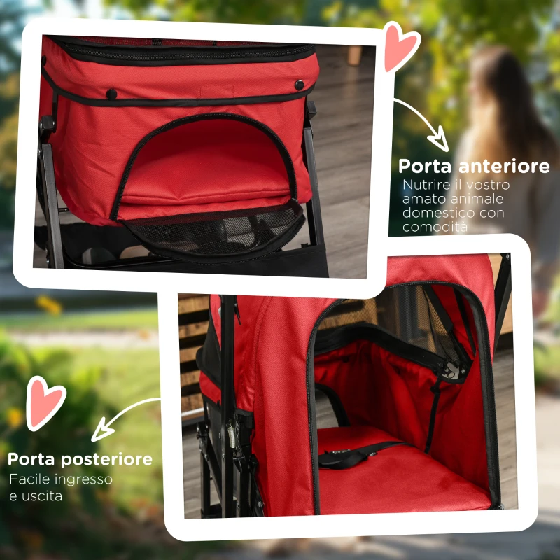 PawHut Passeggino per Cani Piccoli Pieghevole con Maniglione Girevole e Ruote con Freni, 76.5x52x95cm, Rosso