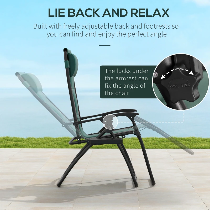 Outsunny Zero Gravity Lounger Chair Set of 2, Folding Reclining Patio Chair with Padded Seat, Cup Holder, Soft Cushion and Headrest for Poolside, Camping, Green