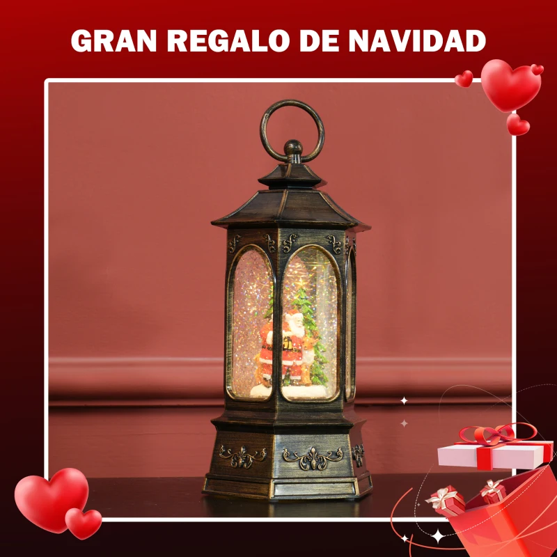HOMCOM Farol Navidad con Música y Luces Bola de Nieve con Papá Noel Purpurina en Espiral para Decoración Navideña Bronce