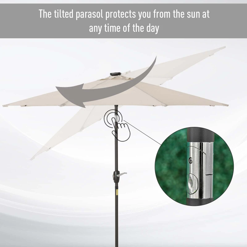 Outsunny Φ2.7m Garden 24 LED Light Parasol Solar Outdoor Tilt Sun Umbrella Patio Club Party Event Manual Sun Shade w/ Hand Crank and 8 Ribs, Off-white