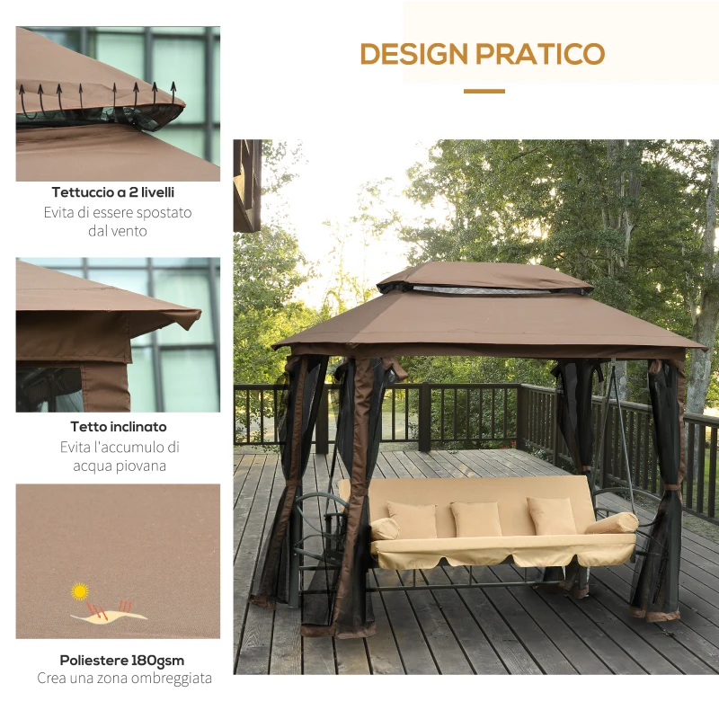 Outsunny Dondolo 3 Posti da Giardino Convertibile in Lettino con Gazebo, con Zanzariera e Cuscini, 257x175x240cm Cachi