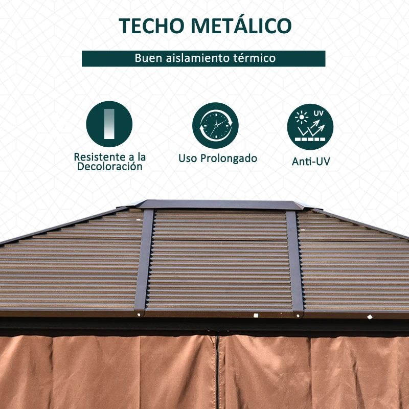 Outsunny Cenador de Jardín 300x365 cm Marco de Aluminio con Cortinas de Doble Capa y Techo Metálico para Reunión Familar Fiestas Bodas Negro y Marrón