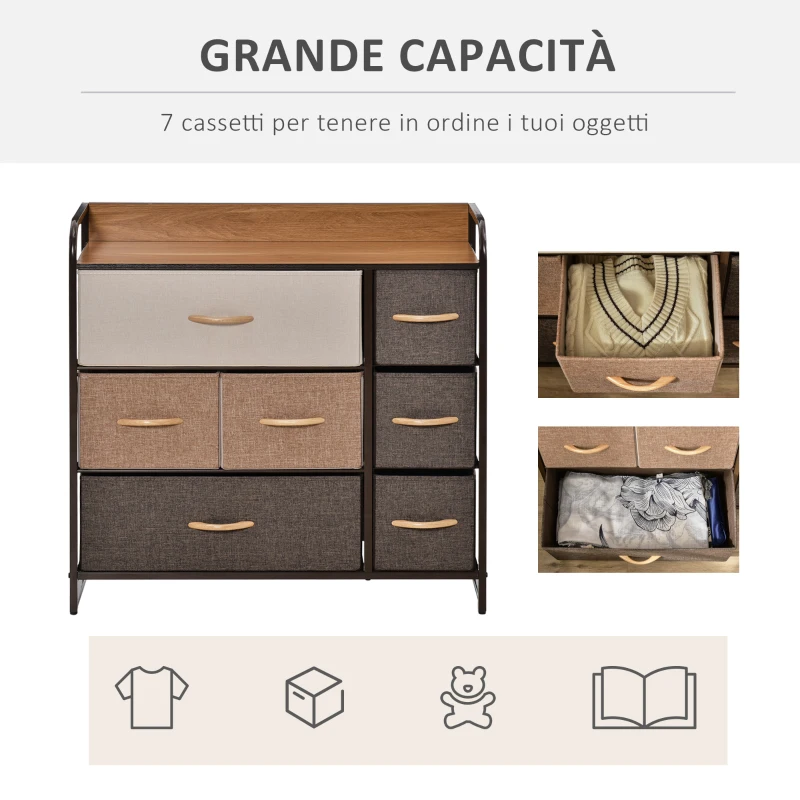 HOMCOM Mobile Cassettiera da Camera da Letto e Soggiorno, Cassettiera con 7 Cassetti Pieghevoli in Tessuto e Ripiano in MDF, 80x29x78.5cm, Multicolore