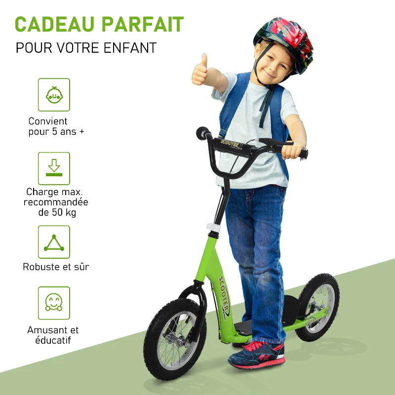 HOMCOM Trottinette patinette Enfants à partir de 5 Ans Grandes Roues Guidon réglable poignée Frein et béquille Acier Vert