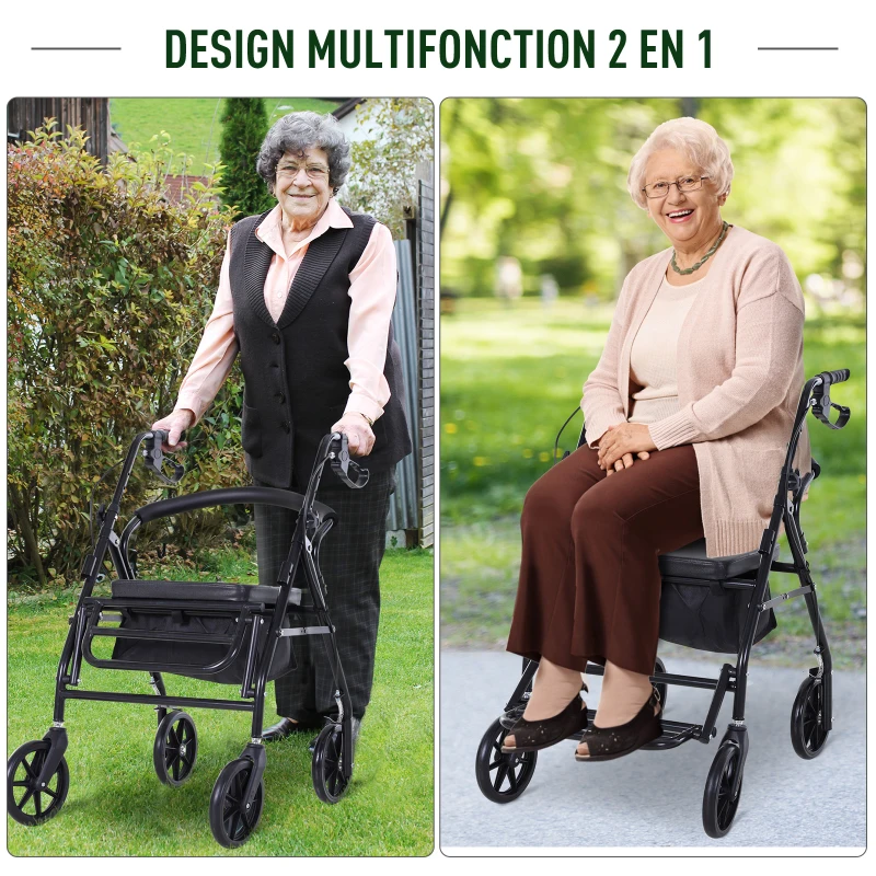 HOMCOM Déambulateur 4 roues - déambulateur pliable léger - assise + dossier rembourré - poignées ergonomiques, freins à main - panier rangement - cale-pied - métal noir