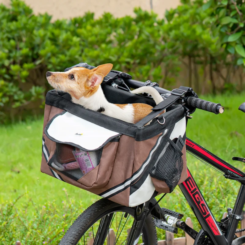 PawHut Dog Bike Basket Bicycle Carrier 3 in 1 Shoulder Bag Car Travel Carrier w/ Storage Pockets for Cats Puppy Small Dogs Brown