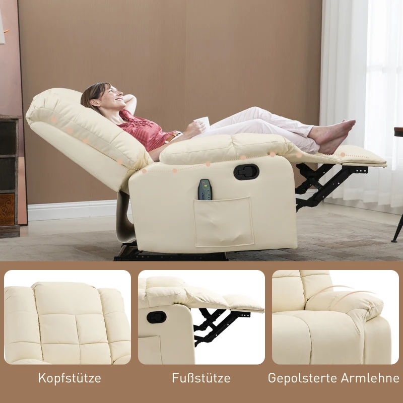 HOMCOM Massagesessel, Relaxsessel, 8 Vibrationspunkte, Liegefunktion, Kunstleder, cremeweiß, 94x99x99cm