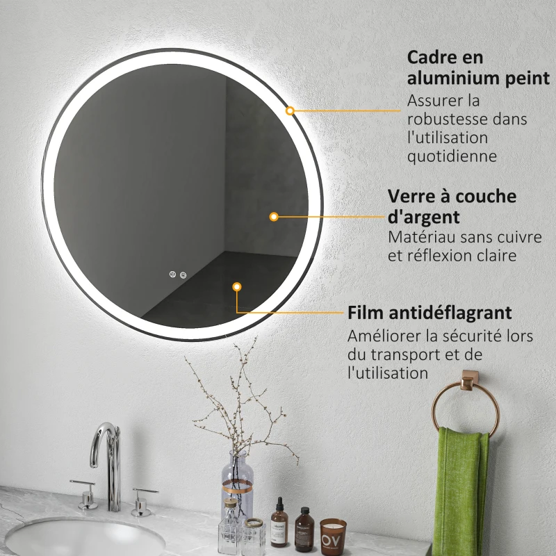 kleankin Miroir rond lumineux LED de salle de bain Ø 80 cm mural avec éclairage 3 couleurs interrupteur tactile 46W blanc argent