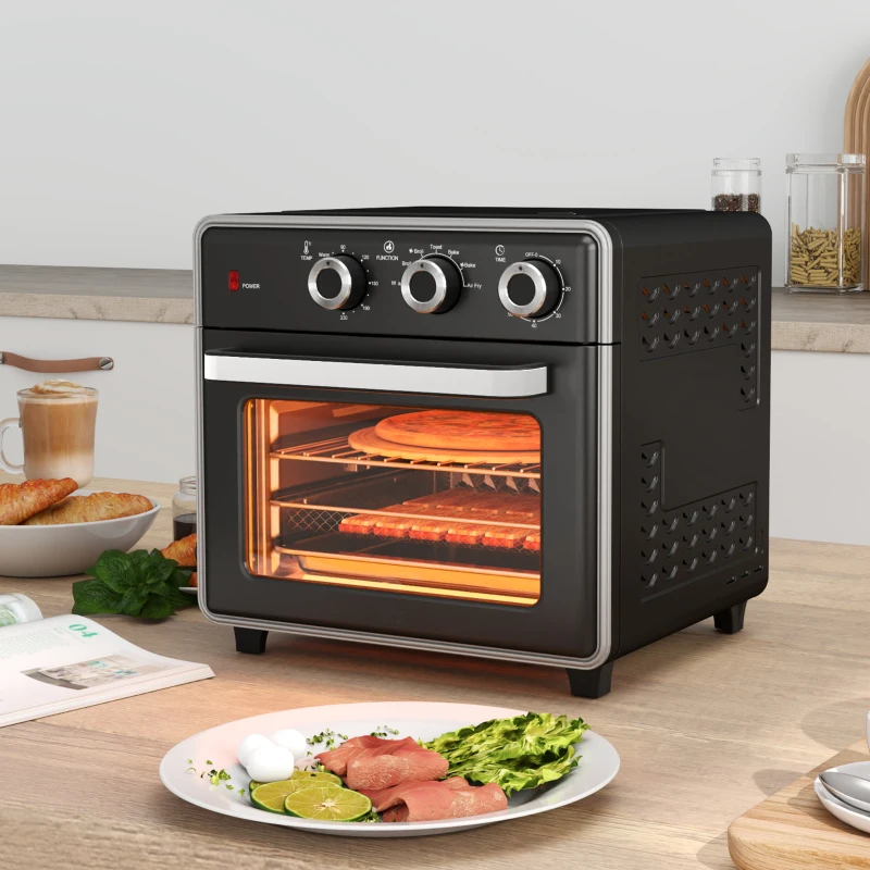 HOMCOM Minibackofen, 20L, 5 Funktionen, 360° Heißluft, Grillrost, Krümelblech, Schwarz(m-2)