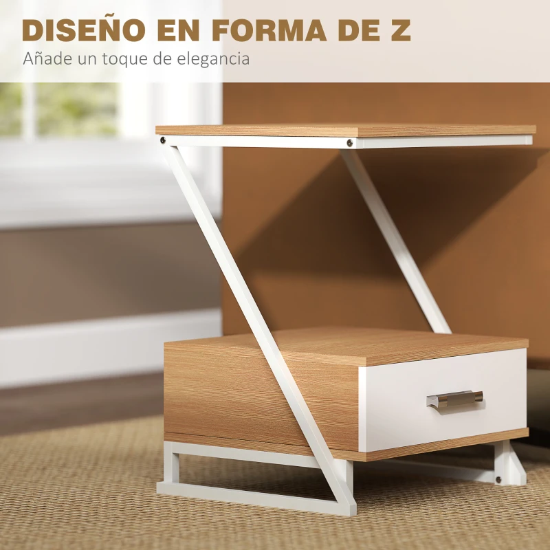 HOMCOM Juego de 2 Mesitas Auxiliares en Forma de Z con Cajón y Compartimento Mesita Auxiliar para Salón 40x35x50 cm Natural