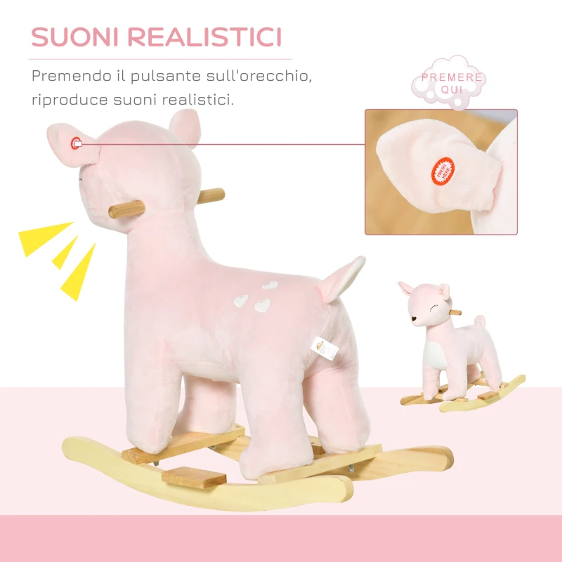HOMCOM Cavallo a Dondolo per Bambini 36-72 Mesi, Gioco Cavalcabile per Bambini a Forma di Cervo con Suoni in Peluche Rosa, 68x35.5x64cm