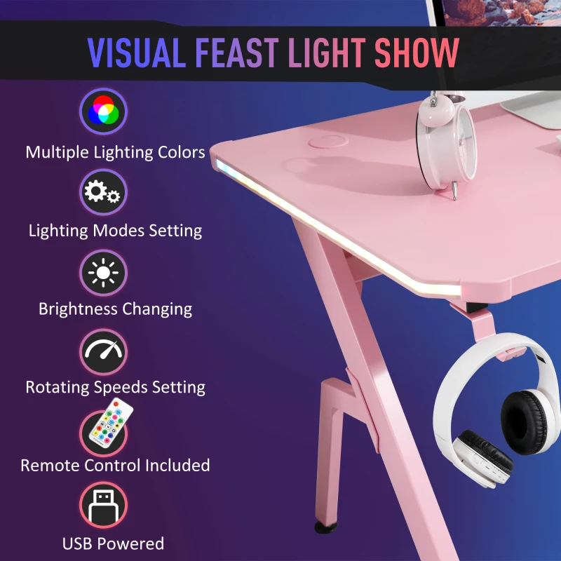 HOMCOM RGB 120 x 66cm Gaming Desk, Computer Table with Carbon Fibre Surface, Headphone Hook, Cup Holder, Controller Rack, Home Office Desk, Pink