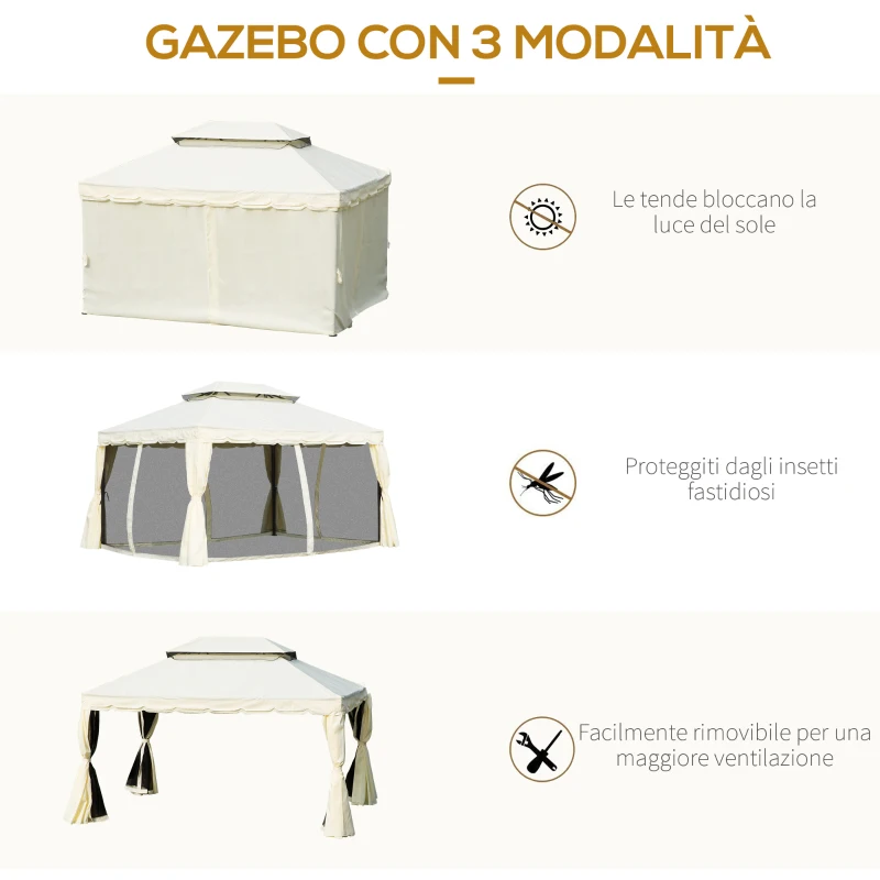 Outsunny Gazebo da Giardino 4x3m con Zanzariera, Tende e Doppio Tetto in Alluminio e Poliestere, Crema