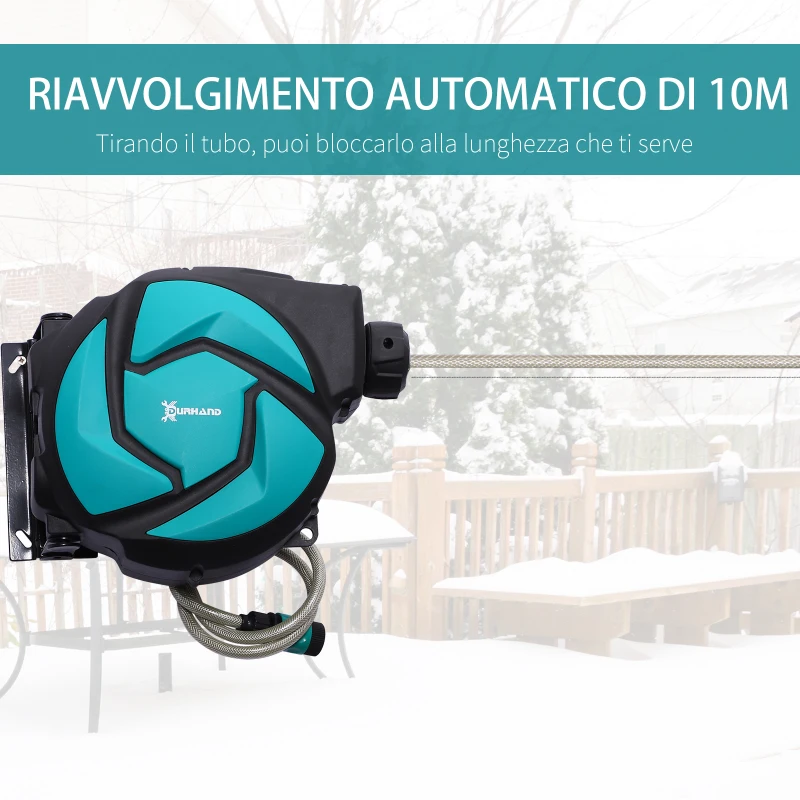 DURHAND Avvolgitubo Automatico a Parete con Tubo da 10 m, in Plastica e PP, 28x14x34 cm, Nero e Azzurro