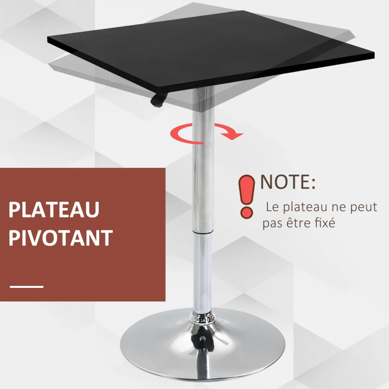 HOMCOM Table de bar table bistro chic style contemporain table carrée pivotante hauteur réglable dim. 60L x 60l x 82-103H cm métal chromé MDF noir