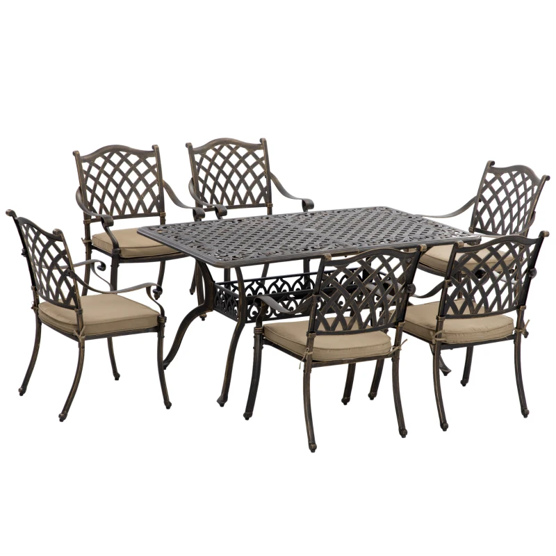 Outsunny 7 PCs Garden Patio Dining Set with Parasol Hole, Cast Aluminium Outdoor Furniture Set with Six Cushioned Chairs and Rectangle Dining Table, for Garden, Lawn, Deck, Bronze Tone