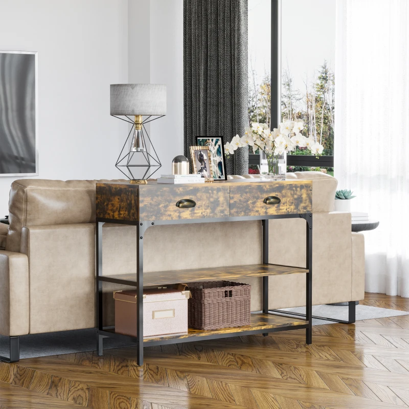 HOMCOM Table Console - Table d'entrée - Table d'appoint  Industriel 2 tiroirs 2 étagères métal Noir en Bois rustique