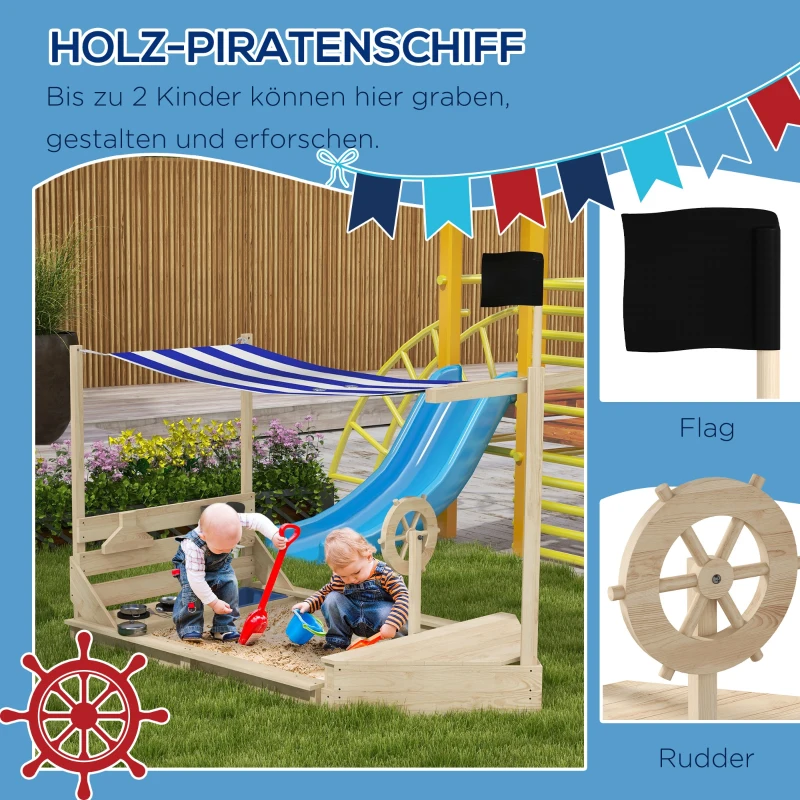 Outsunny Sandkasten mit Sonnendach Piratenschiff, inkl. Kinderküchenspielset, Massivholz, 180 x 103 x 144,5 cm, Natur + Blau(m-4)