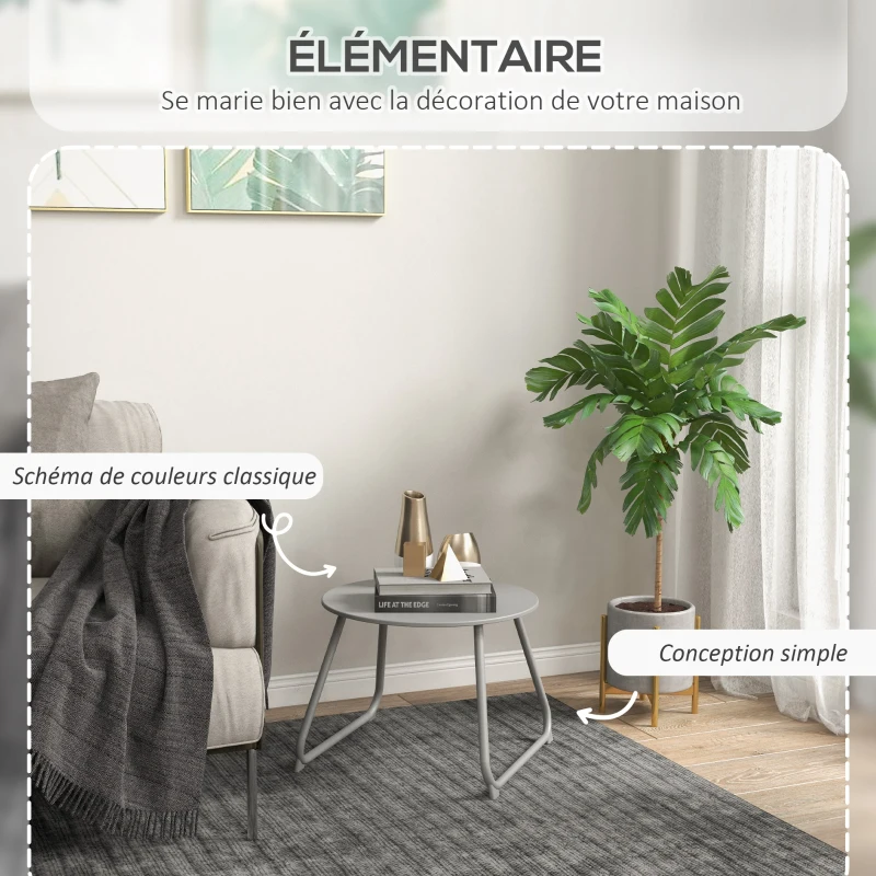 Outsunny Table basse de jardin ronde, table d'appoint extérieur, Ø60 cm, patins antidérapants réglables, métal époxy, gris