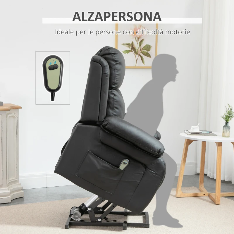 HOMCOM Poltrona Elettrica Alzapersona Reclinabile fino 160° con Telecomando, in Similpelle, Nero