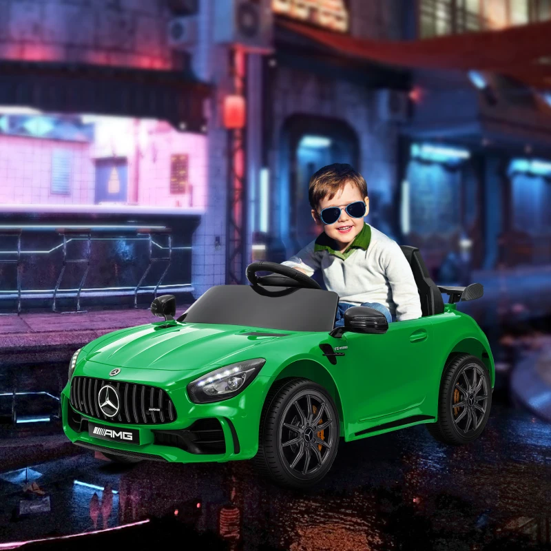 AIYAPLAY Coche Eléctrico para Niños de +3 Años Mercedes-Benz AMG GTR con Batería 12V Mando a Distancia Faros Bocina Música Verde