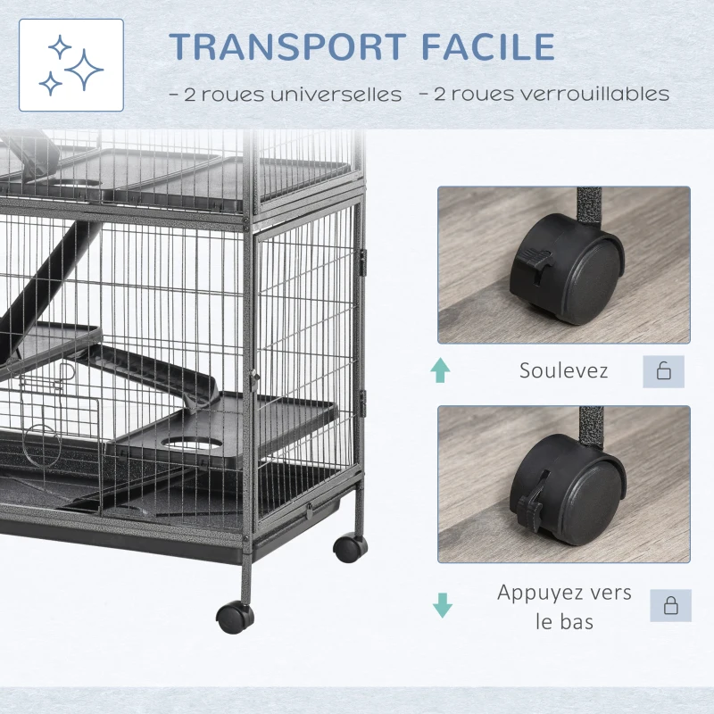 Pawhut Cage pour rongeurs Multifonction 4 Plateformes 3 rampes 4 Portes dim. 80L x 52l x 128H cm métal Gris argenté Noir