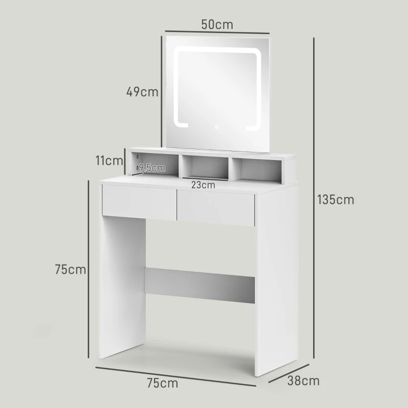 HOMCOM Storage Dressing Table, with LED Light Mirror - White