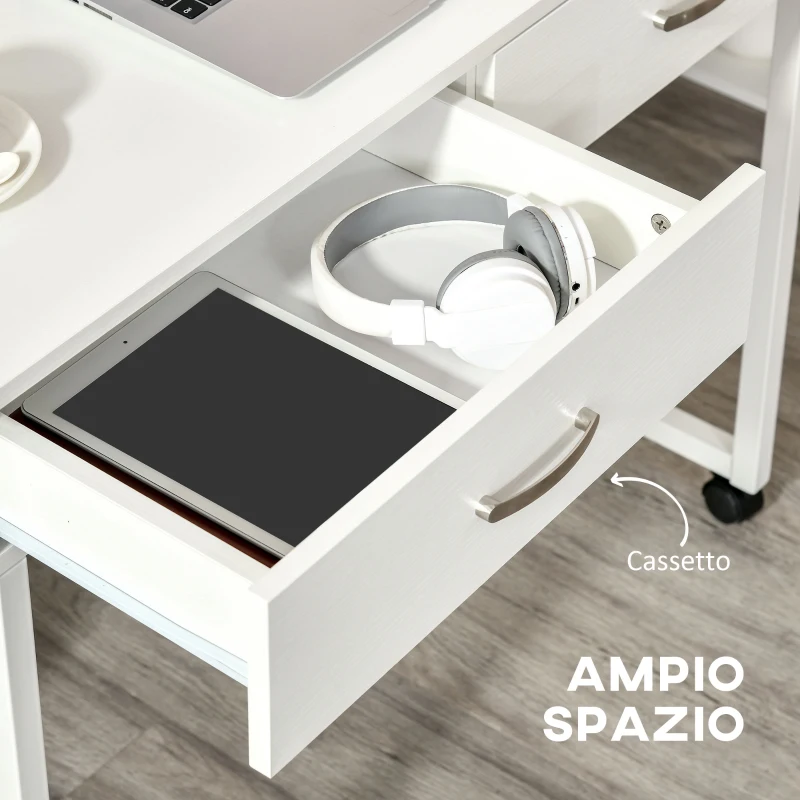 HOMCOM Tavolo Scrivania Salvaspazio per Camera e Ufficio, Scrivania con Cassetti e Ruote, Postazione di Lavoro Doppia o Singola, 100x36x88cm, Bianco