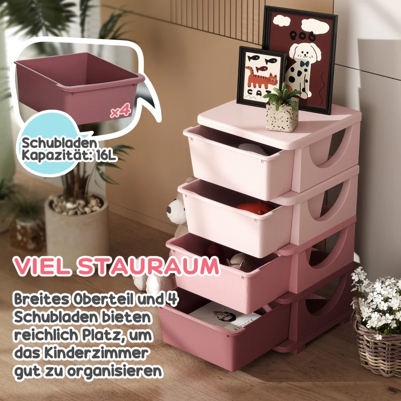 HOMCOM Aufbewahrungsboxen für Kinder, 4 Schubladen, abgerundete Kanten, erhöhtes Design, 37x37x76 cm, Rosa