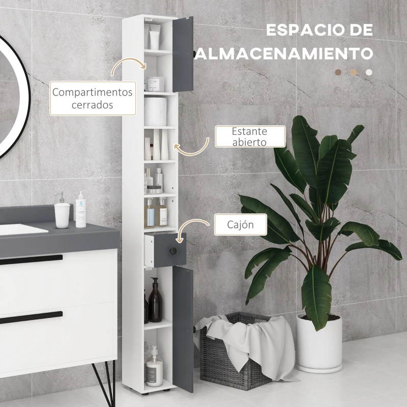 kleankin Columna de Baño con 1 Cajón 5 Estantes y 2 Puertas para Salón Dormitorio Carga 30 kg 20x20x180 cm Gris