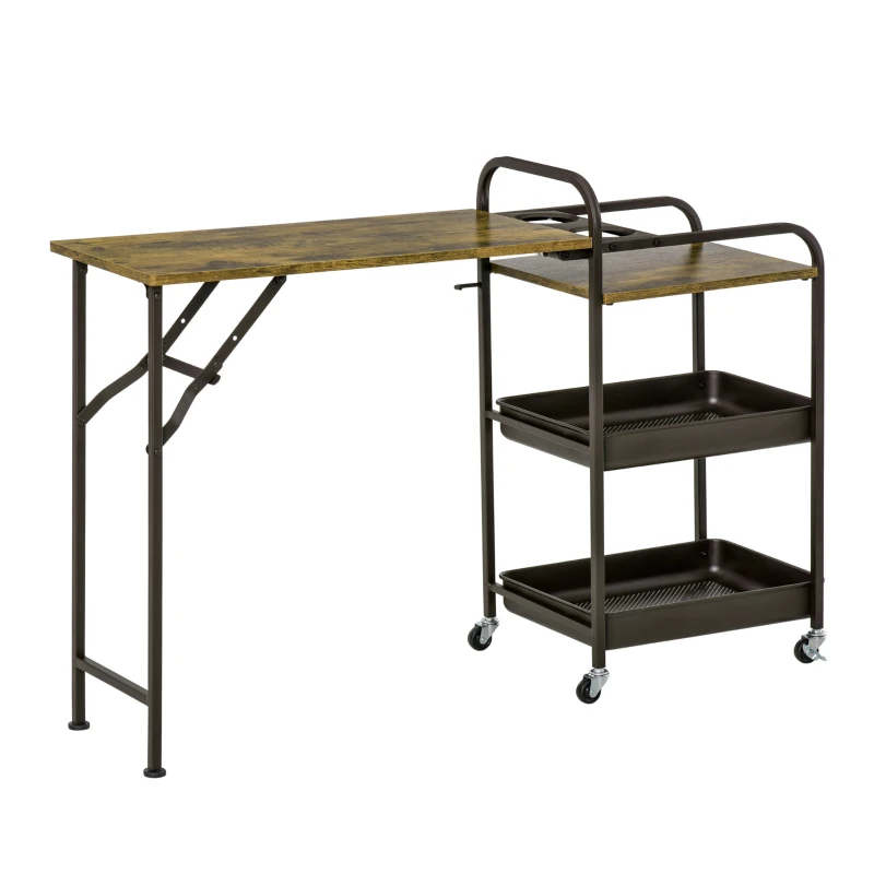 HOMCOM Carrello da Cucina Stile Industriale 3 Mensole e Ripiano Pieghevole, Porta Tazze e 4 Ruote, 118x36.5x82cm, Marrone
