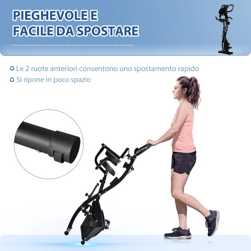 HOMCOM Cyclette Pieghevole 2 in 1, Resistenza Magnetica Regolabile 8 Livelli, Cyclette da Casa Silenziosa con Sensore di Frequenza Cardiaca, Elastici per Braccia, Schermo LCD, Volano 2.5kg, Nero