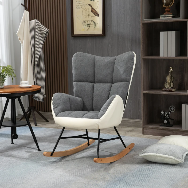HOMCOM Silla Mecedora Tapizada en Lino y Cuero Sillón Balancín Relax con Asiento Acolchado y Reposabrazos 42x46x47 cm Gris