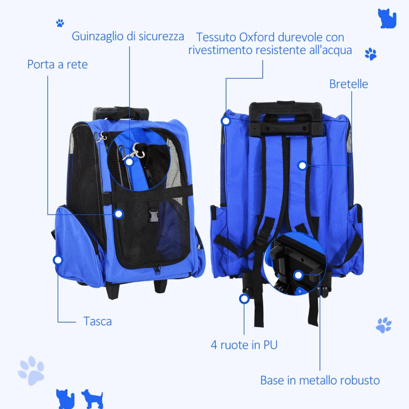 PawHut Trasportino Zaino 2 in 1 per Cani e Gatti con Tasche Laterali, Maniglia Telescopica e Ruote, 42x25x55cm, Azzurro