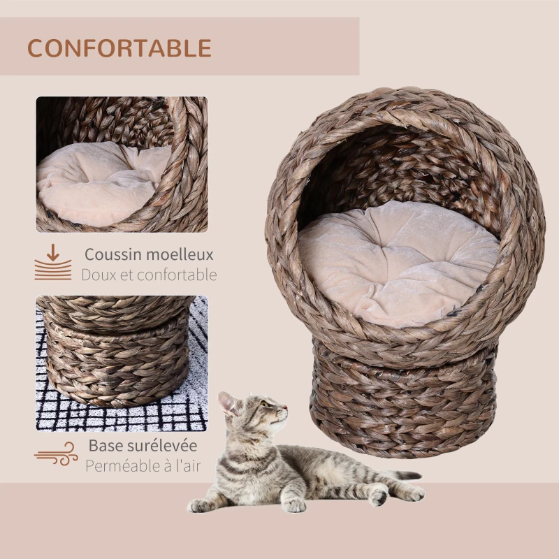 PawHut Panier chat lit surélevé chat cosy niche grotte à chat grand confort dim. 40L x 37l x 51H cm coussin moelleux beige inclus
