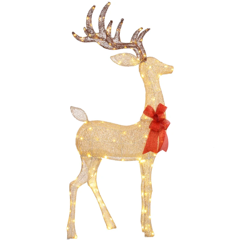 Outsunny Rentier mit roter Schleife, 137 LEDs, Weihnachtsbeleuchtung, wetterfest, 66 x 25 x 135 cm, Gold