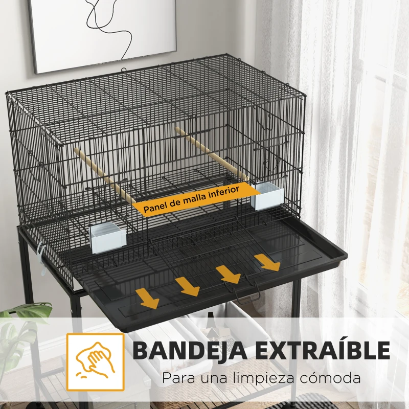 PawHut Jaula para Pájaros con Ruedas 77x46x119 cm Jaula Metálica para Aves con Bandeja Extraíble 2 Perchas 2 Comederos Negro