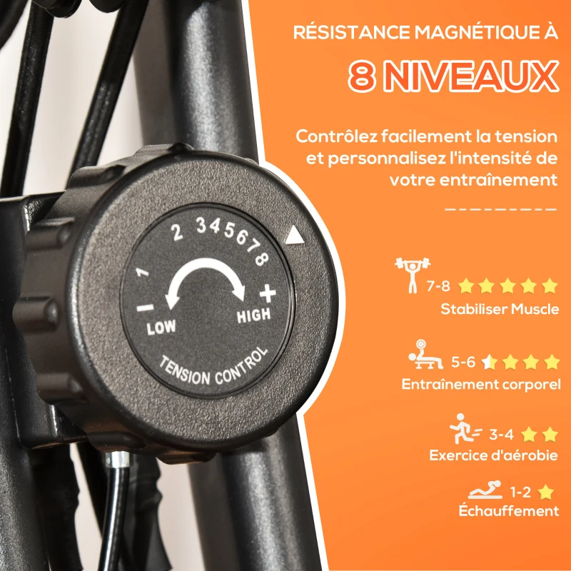 HOMCOM Vélo d'appartement pliable, vélo d'exercice, home traîner pour adultes, 8 niveaux de résistance magnétique, capteurs pouls main, écran LCD multifonction, selle réglable, acier, rouge, noir