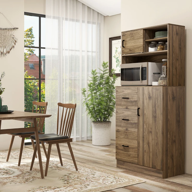 HOMCOM Credenza Moderna con 3 Cassetti e Armadietti, Mobile Dispensa per Cucina e Soggiorno in Legno, 80x40x178cm, Noce