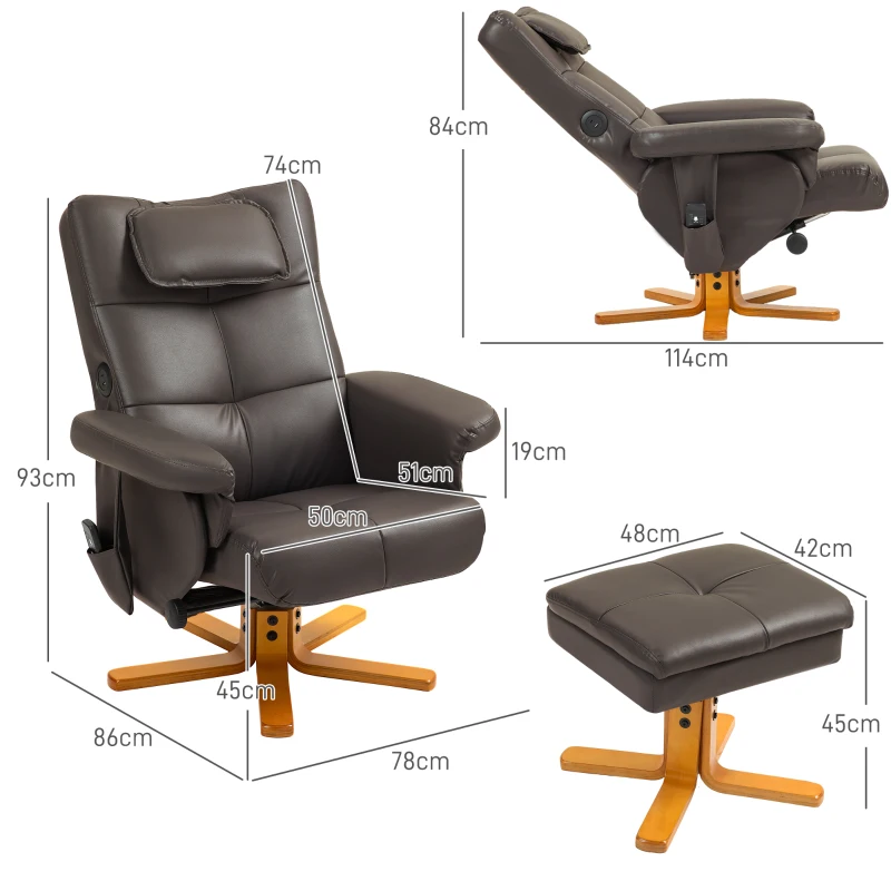 HOMCOM Faux Leather Massage Recliner Chair, with Storage Ottoman - Brown
