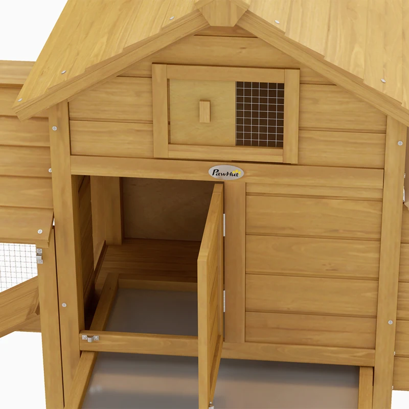 PawHut Gallinero de Madera para Exterior Jaula para 2-3 Gallineras con 2 Corrales de Alambre Techo Abrible Caja Nido Bandeja Extraíble y Rampa 150,5x54x87 cm Natural(m-8)