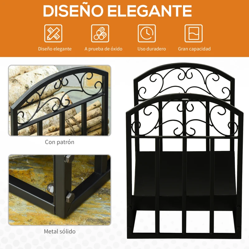 Outsunny Soporte para Leña de Interior y Exterior en Metal con Estante Curvo hasta 60 kg de Leña 60,5x36x46,5 cm Negro