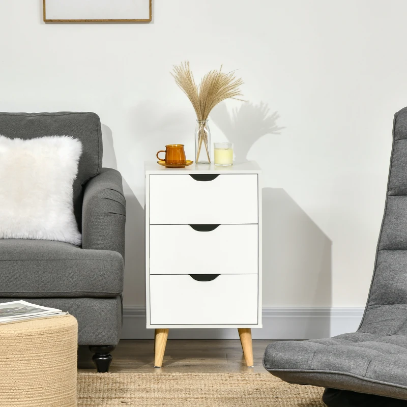 HOMCOM Bedside Table, Bedside Cabinet with 3 Drawers, Side End Table with Pine Wood Legs for Bedroom Living Room, White